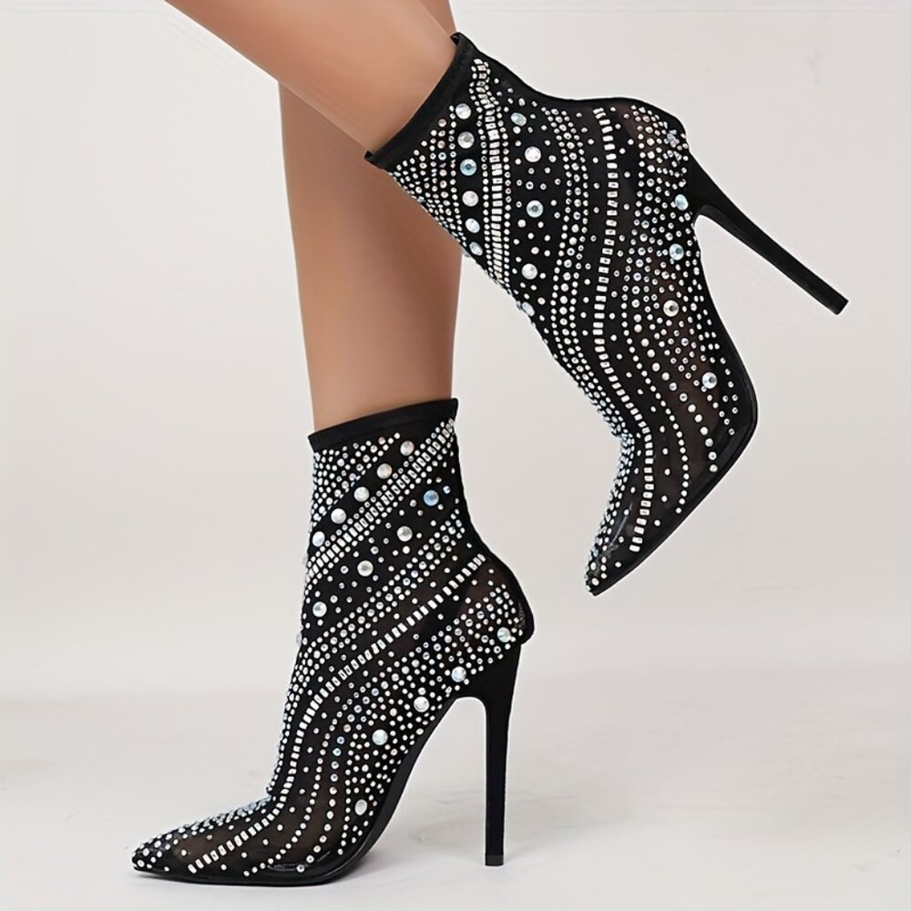 High Heel Pointed Toe Platform Pumps, Sparkling Rhinestone Stretch Ankle Boots